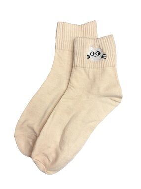 Cute Cat Embroidered Low Crew Socks Cream Ivory Womens One Size